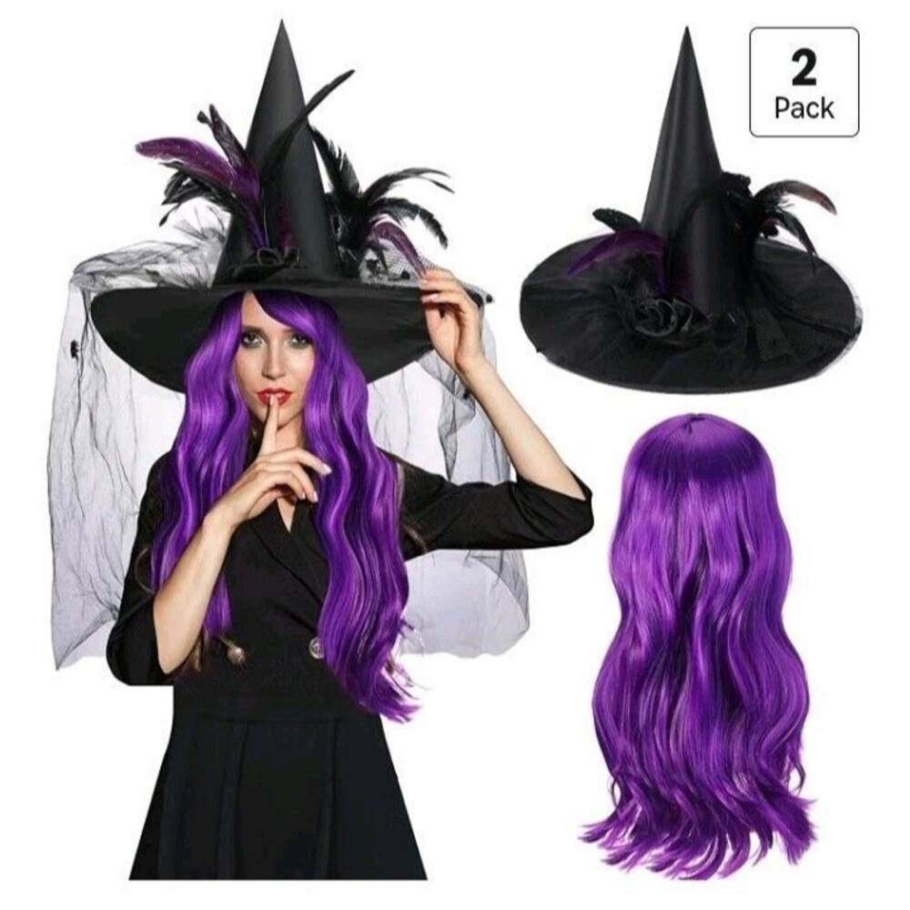 2PC Halloween Witch Hat Veil Feathers for Women Black Hat Purple Long Curly Wig